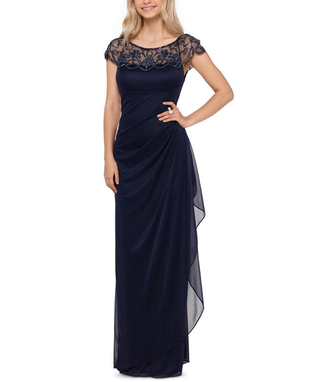 Xscape Beaded Yoke Cap Sleeve Illusion Round Neck Ruched Cascade Ruffle Side Gown Product Image