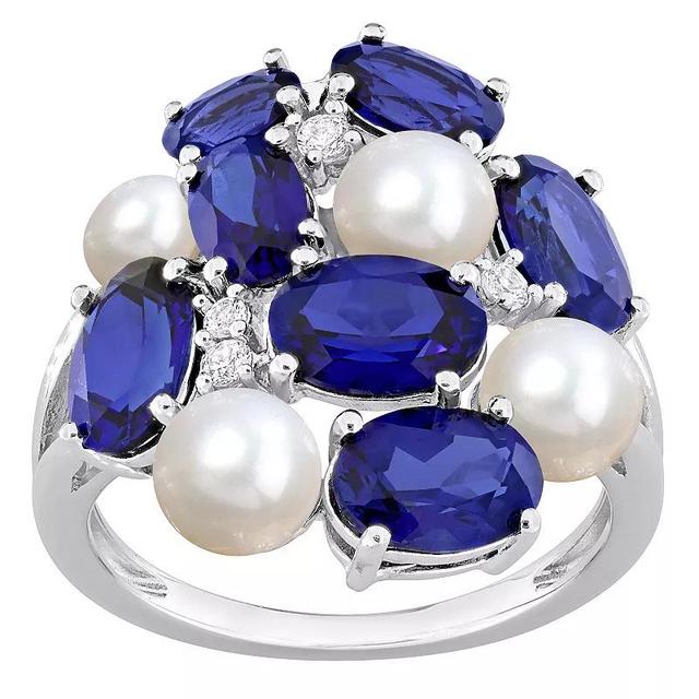 Stella Grace Sterling Silver Freshwater Cultured Pearl, Lab-Created Blue Sapphire & Lab-Created White Sapphire Cocktail Ring, Womens Product Image