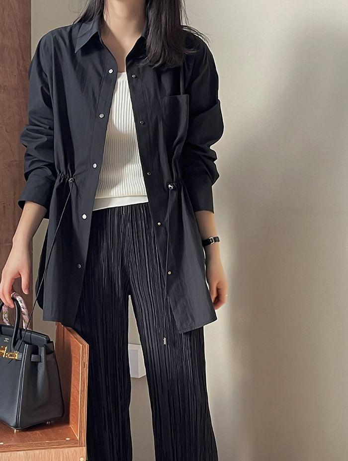 Plain Drawstring Waist Button-Up Shirt Jacket Product Image