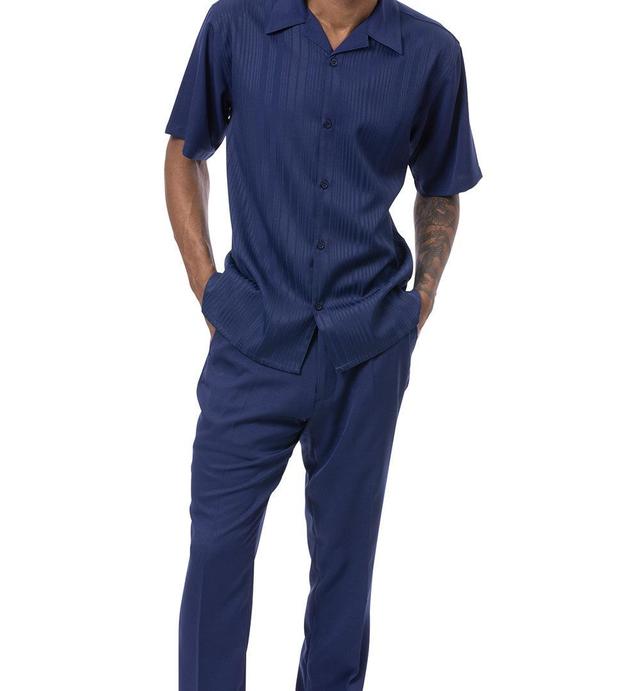 Navy Tone-on-tone Vertical Striped Walking Suit 2 Piece Short Sleeve Set Product Image