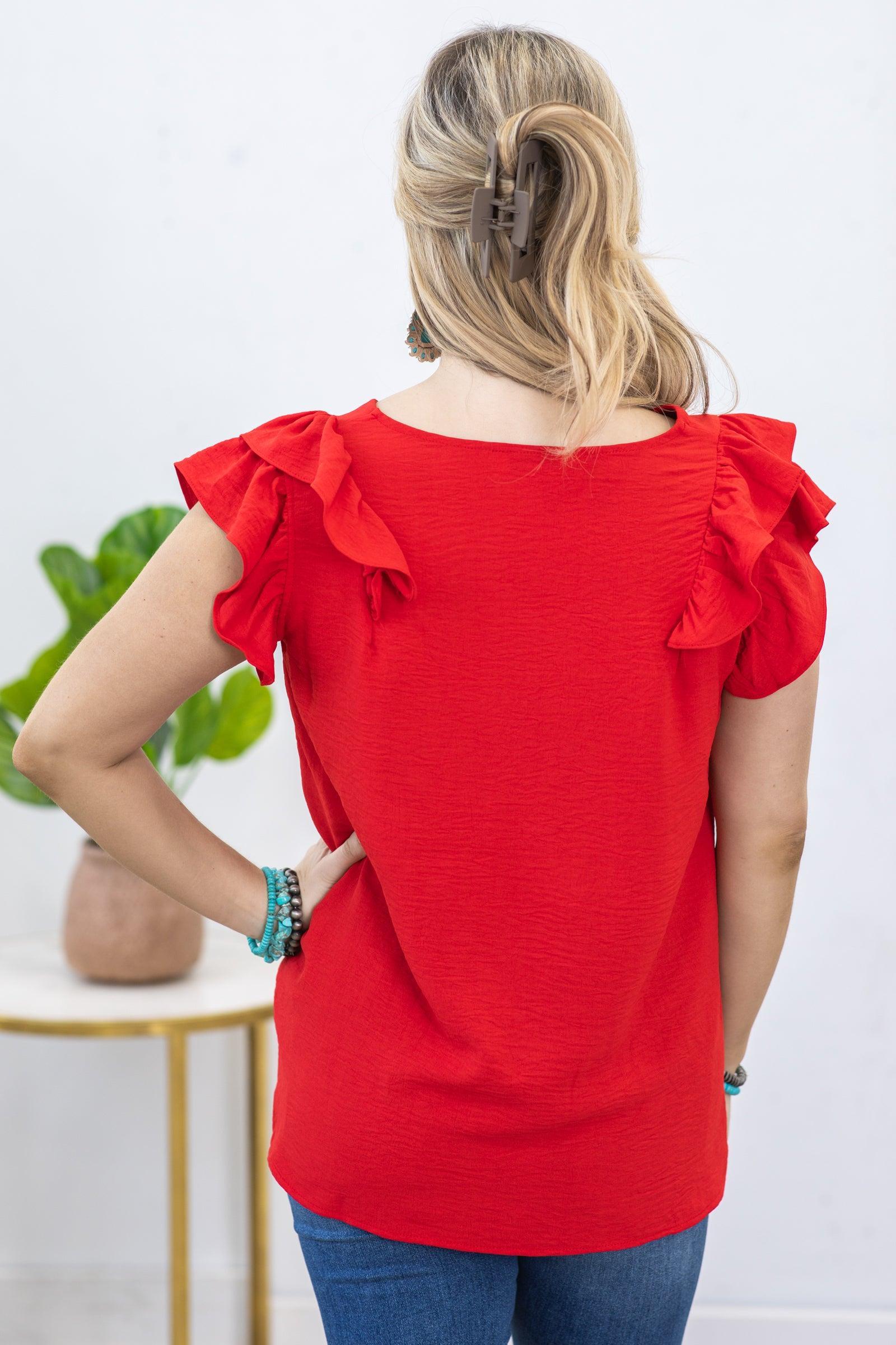 Red V-Neck Airflow Ruffle Detail Top Product Image