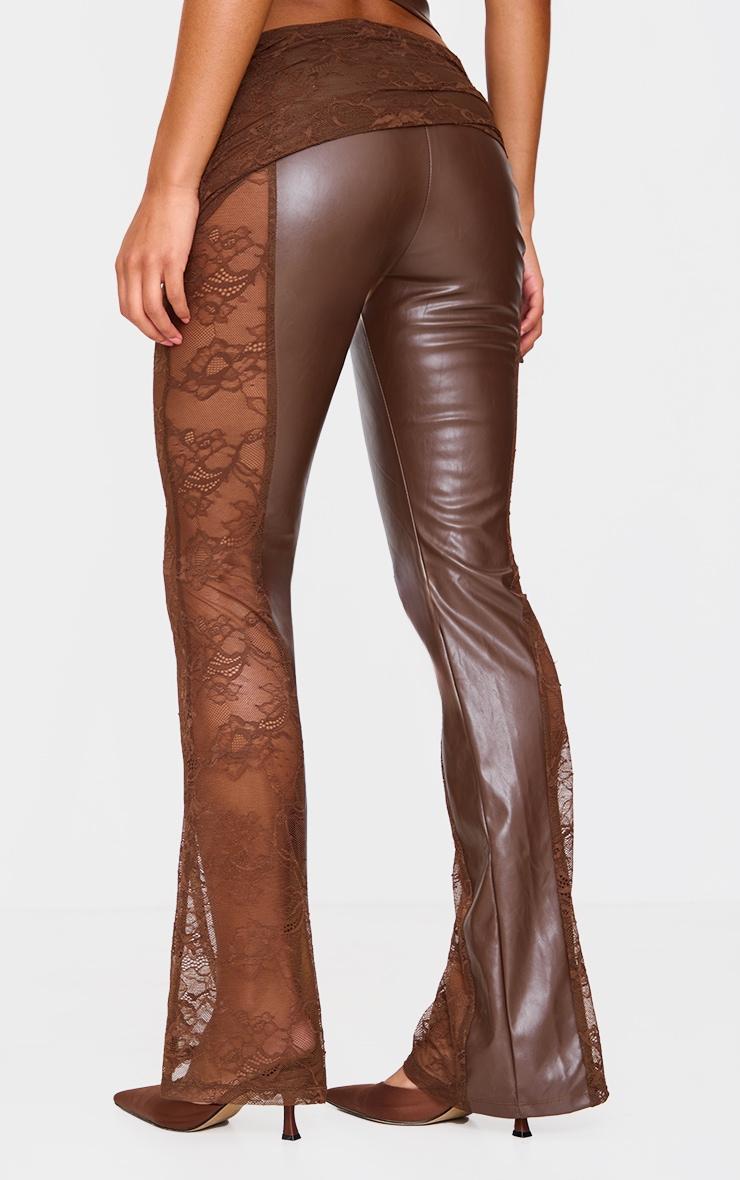 Brown Faux Leather Lace Ruched Waist Flared Pants Product Image