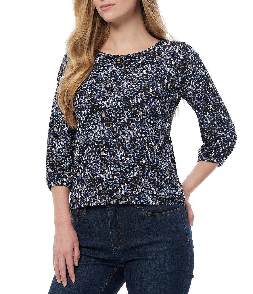 Jones New York Printed Moss Crepe Round Neck 3/4 Puff Cuff Top Product Image