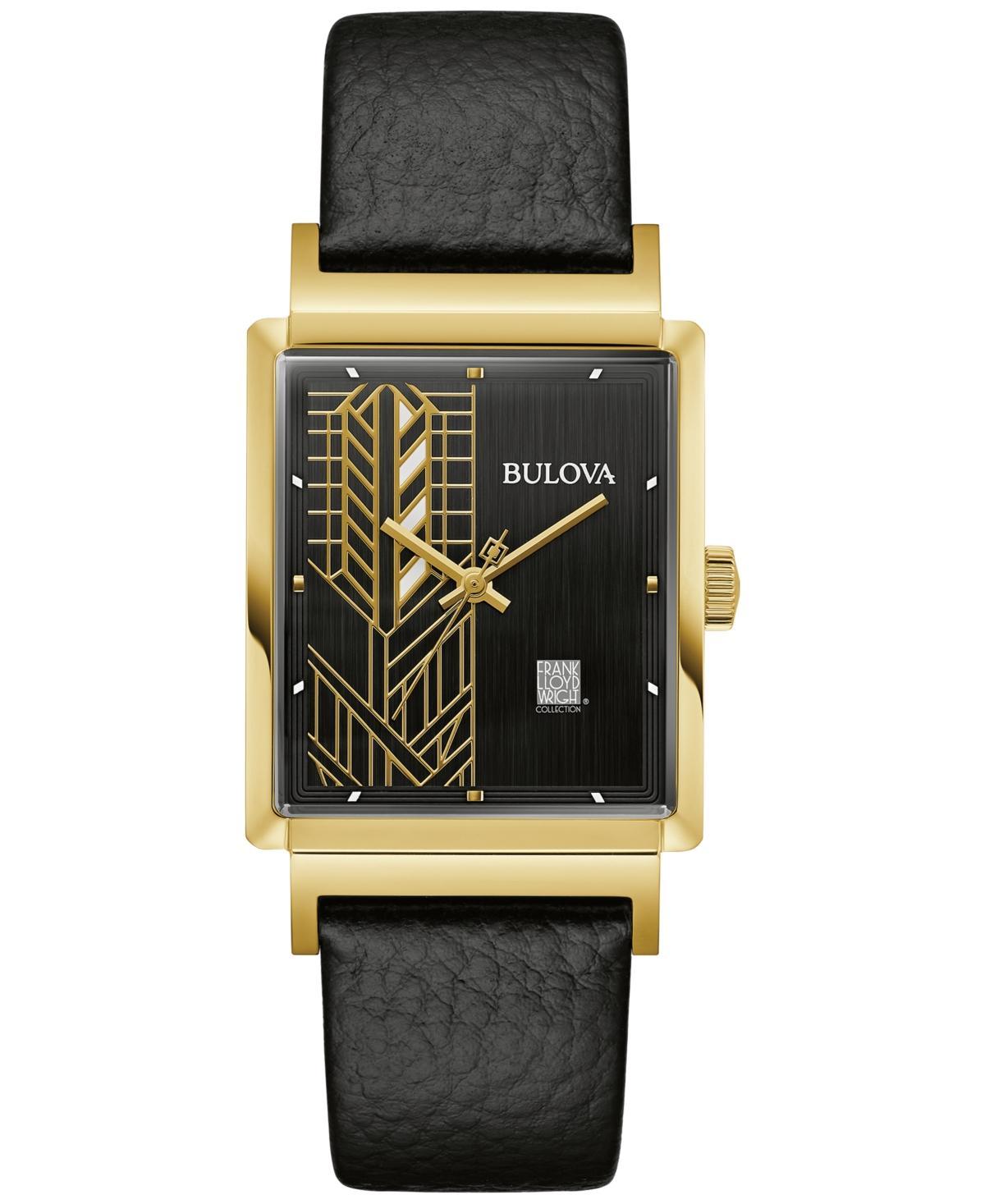 Men's Bulova Frank Lloyd Wright Gold-Tone Black Leather Strap Watch with Rectangular Dial (Model: 97A176) Product Image