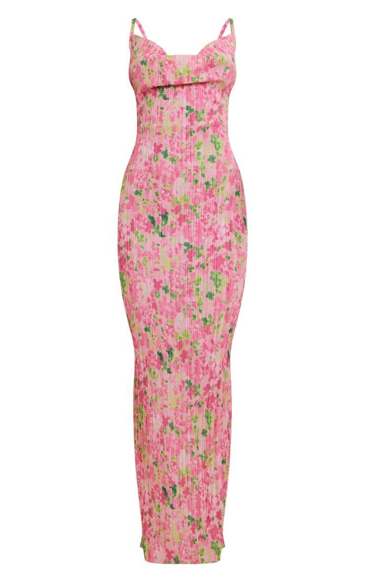 Pink Abstract Floral Printed Plisse Strappy Maxi Dress Product Image