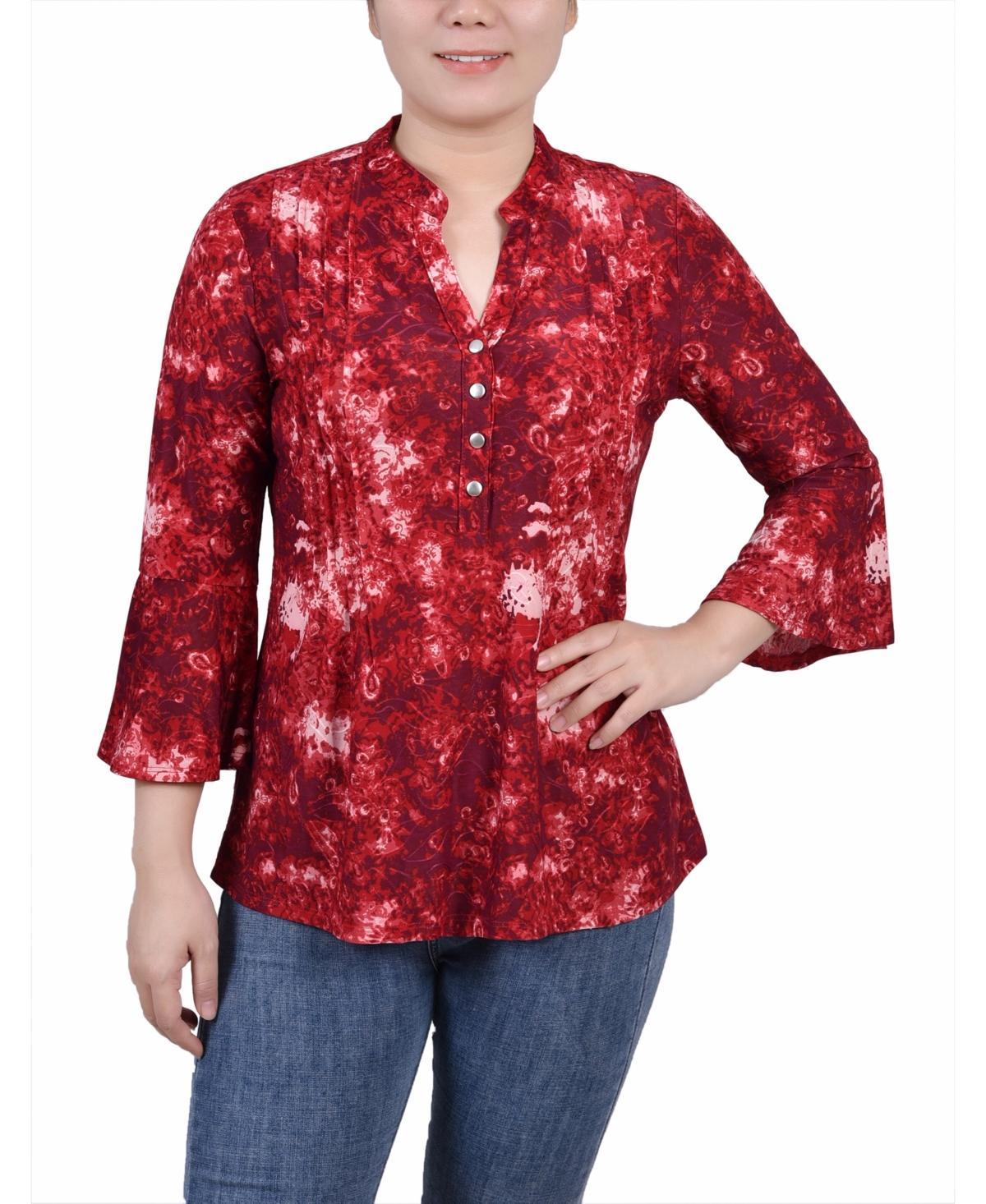 Ny Collection Petite 3/4 Bell Sleeve Printed Pleat Front Y-neck Top Product Image