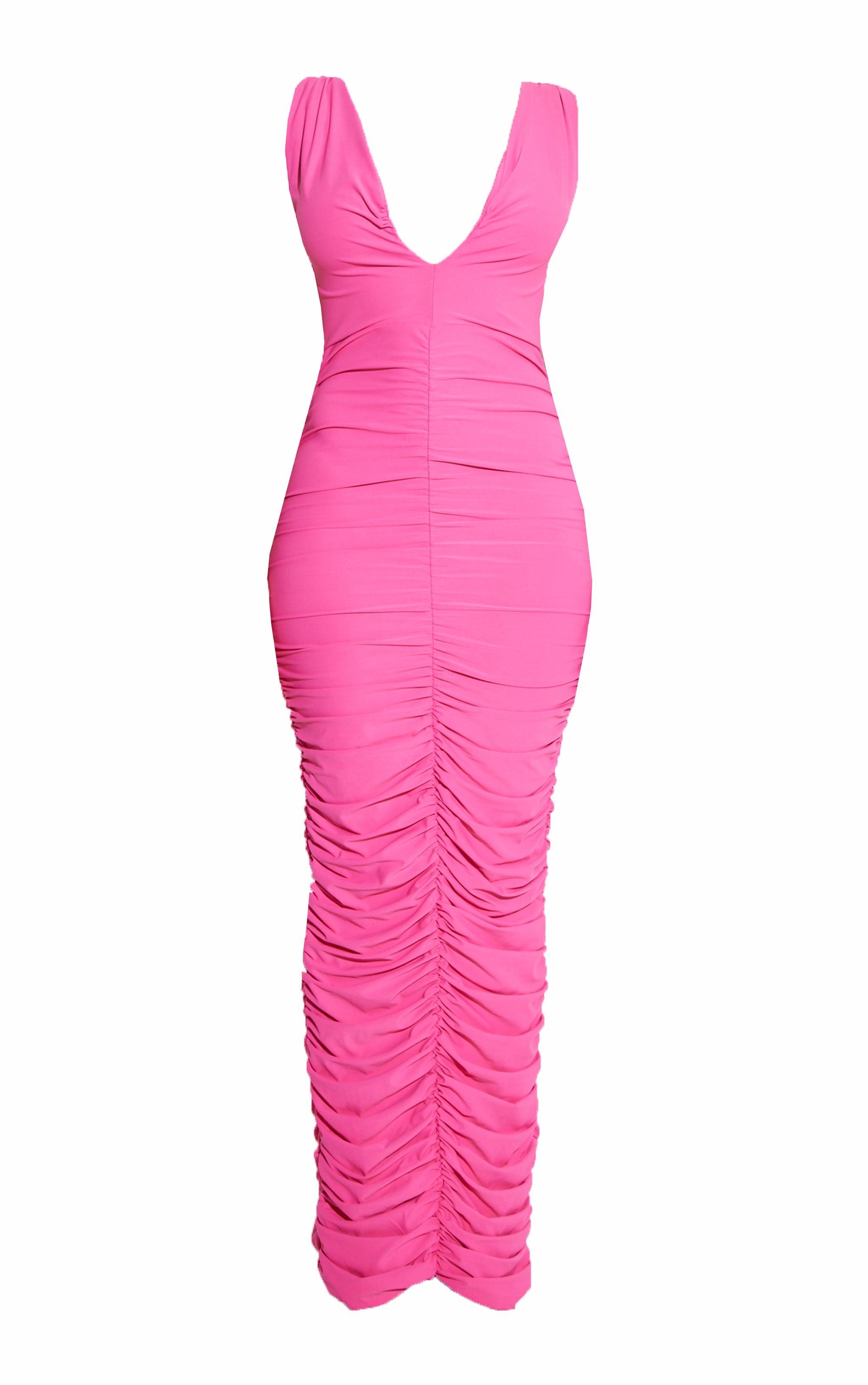 Shape Hot Pink Slinky Ruched Low Plunge Front Maxi Dress Product Image