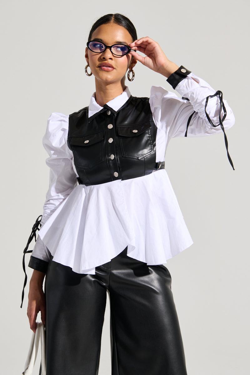 ALWAYS FABULOUS FAUX LEATHER DETAIL BUTTON DOWN BLOUSE product image