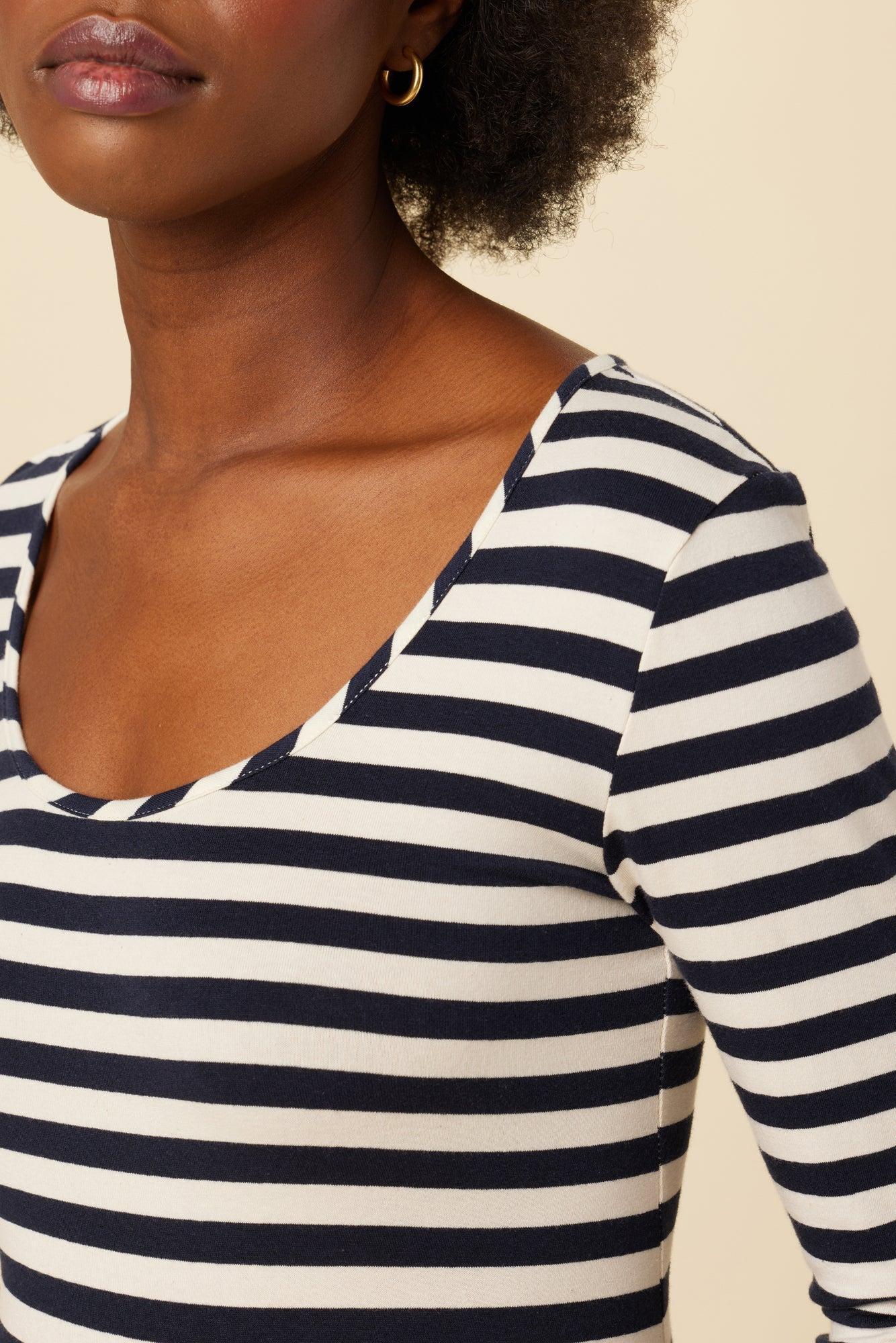 Cara 3/4 Sleeve Reverie Knit Tee - Navy and Ivory Stripe - ReAmour Product Image