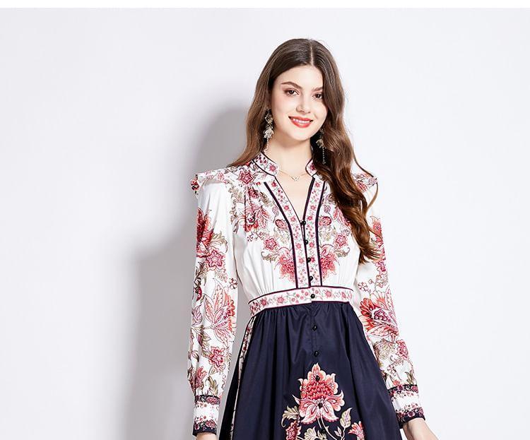 Long Sleeve V-Neck Floral Print Frill Button Midi A-Line Dress Product Image