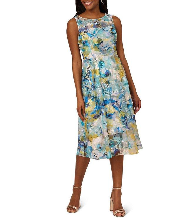 Adrianna Papell Floral Print Embroidered Mikado Boat Neck Sleeveless Dress Product Image