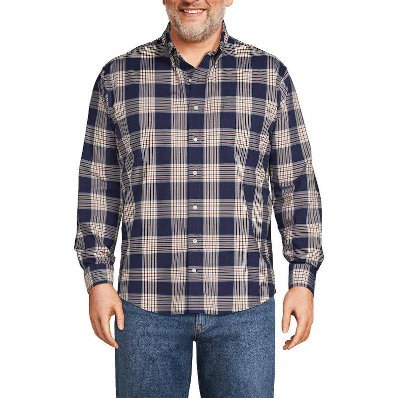 Big & Tall Lands End Plaid No-Iron Twill Button-Down Shirt, Mens Light Brown Check Product Image