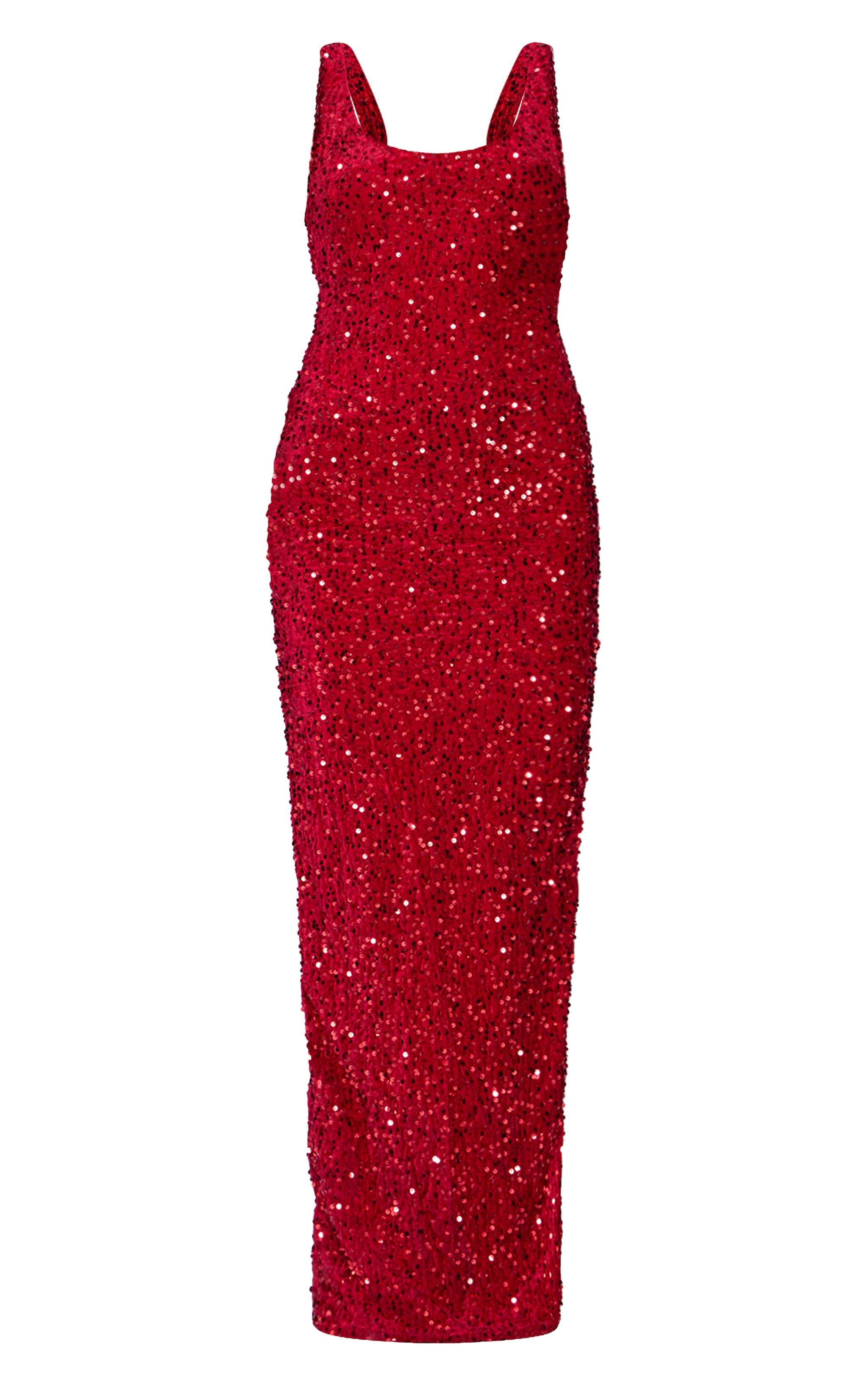 Red Velvet Sequin Embellished Scoop Back Maxi Dess Product Image