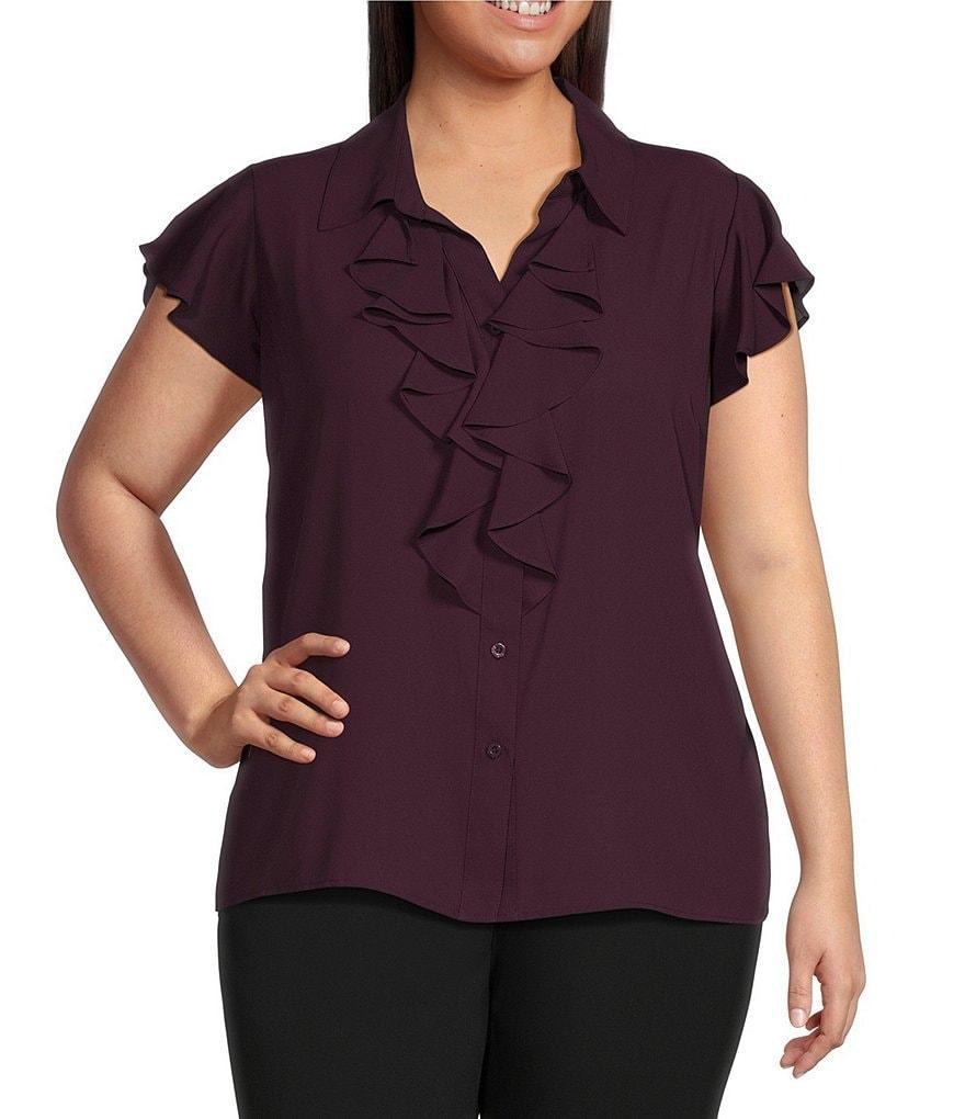 Calvin Klein Plus Size Collared V-Neck Flutter Cap Sleeve Cascading Ruffle Button Front Top Product Image