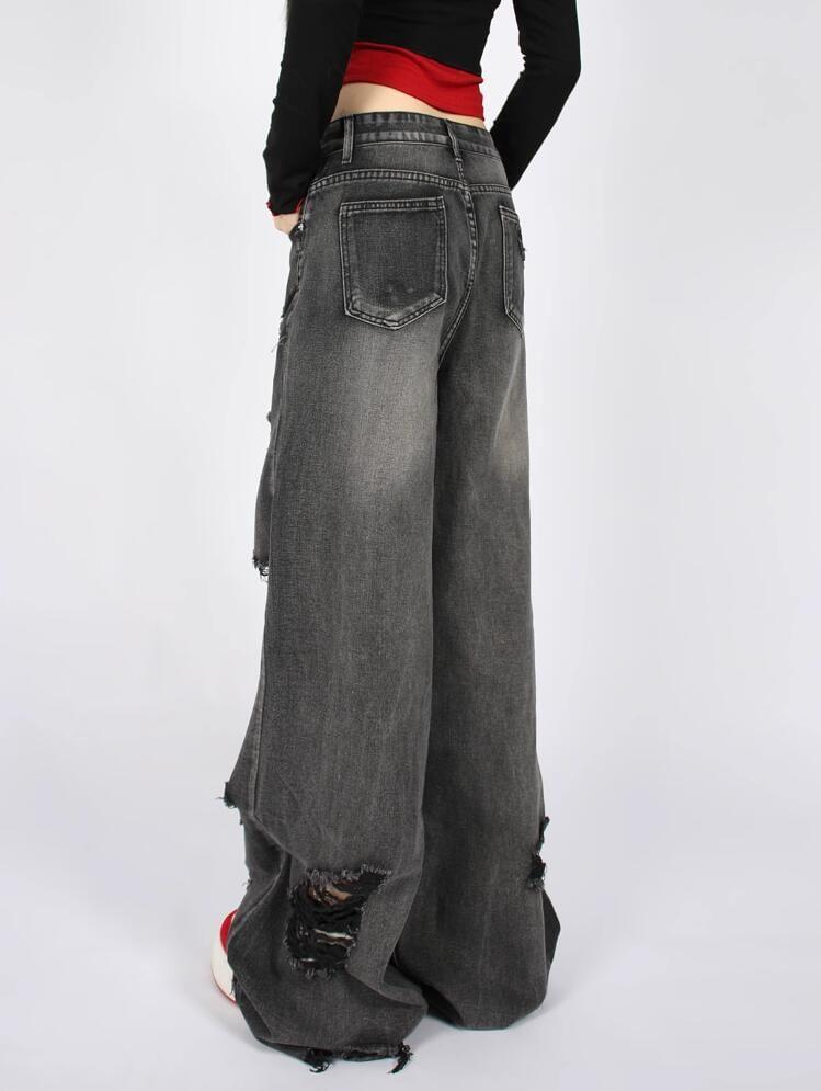 Low Rise Distressed Washed Wide Leg Jeans Product Image