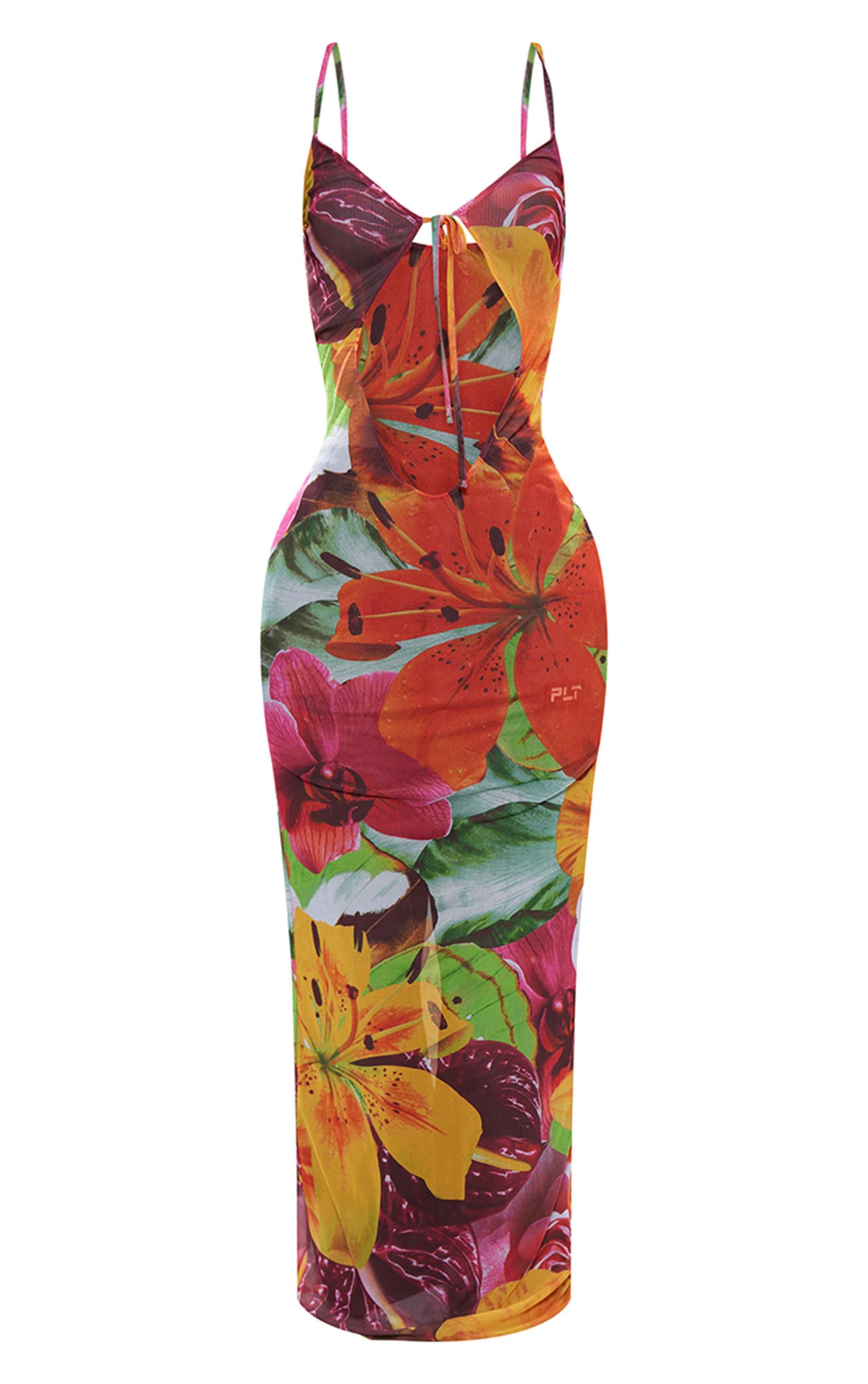 Multi Floral Printed Mesh Tie Front Plunge Maxi Dress Product Image