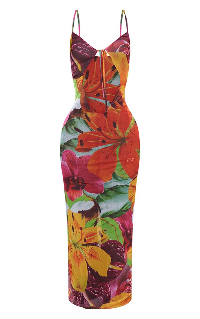 Multi Floral Printed Mesh Tie Front Plunge Maxi Dress Product Image