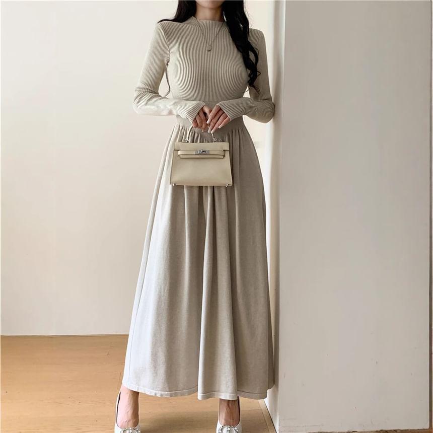 Mock Two-Piece Long-Sleeve Plain Ribbed Midi A-Line Dress Product Image