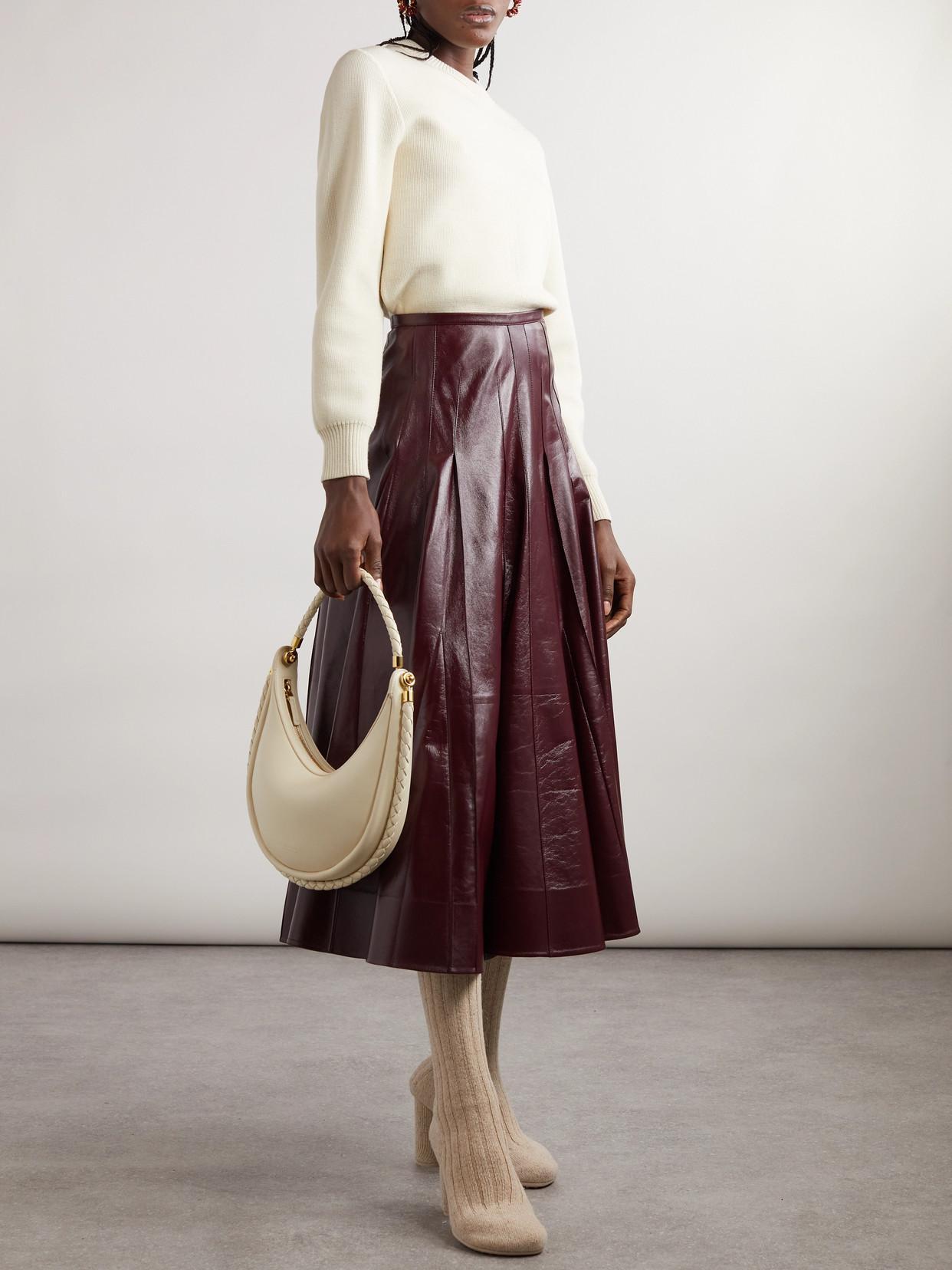 Pleated Leather Maxi Skirt In Burgundy Product Image