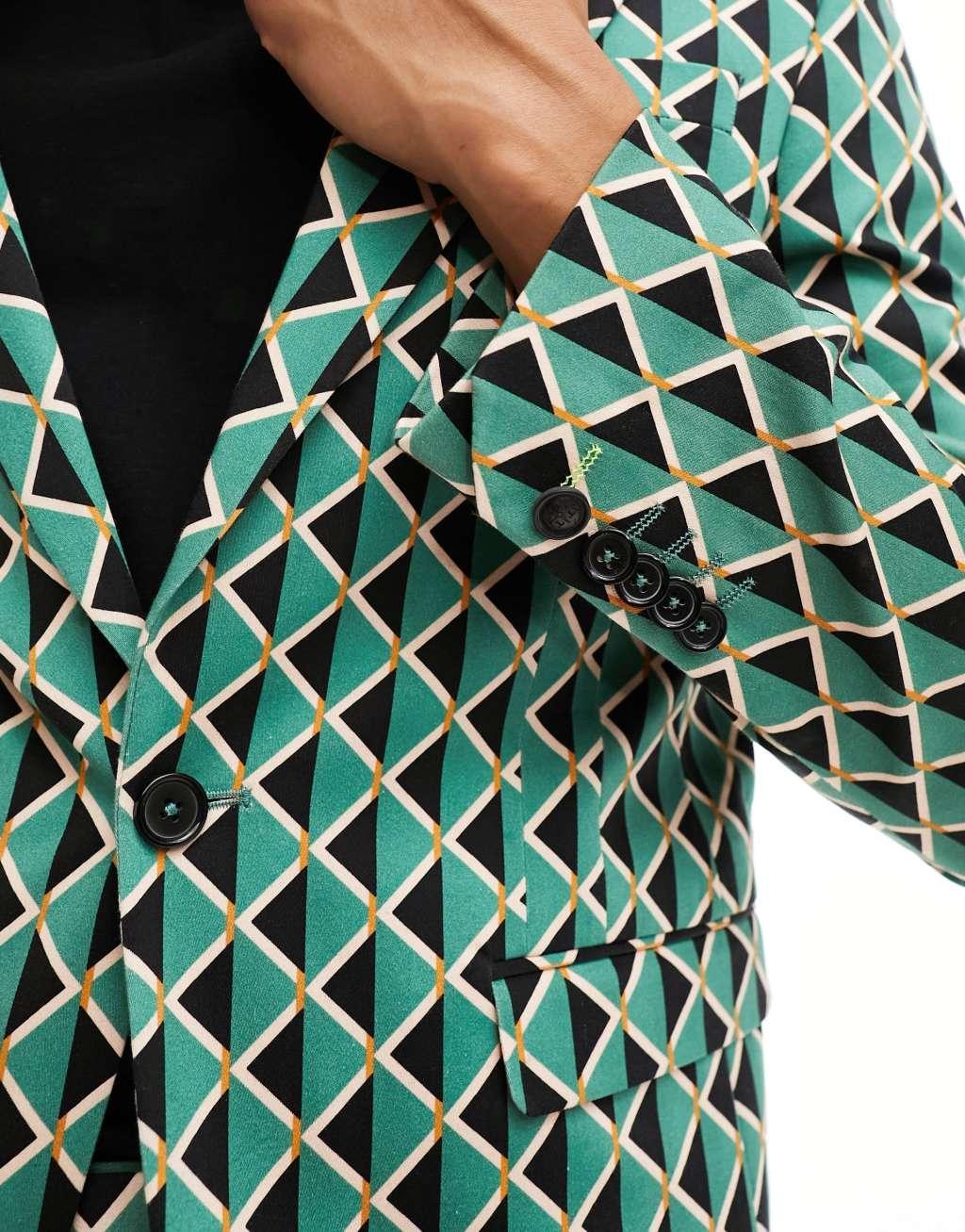 Twisted Tailor shadoff suit jacket in green with geometric vintage print Product Image