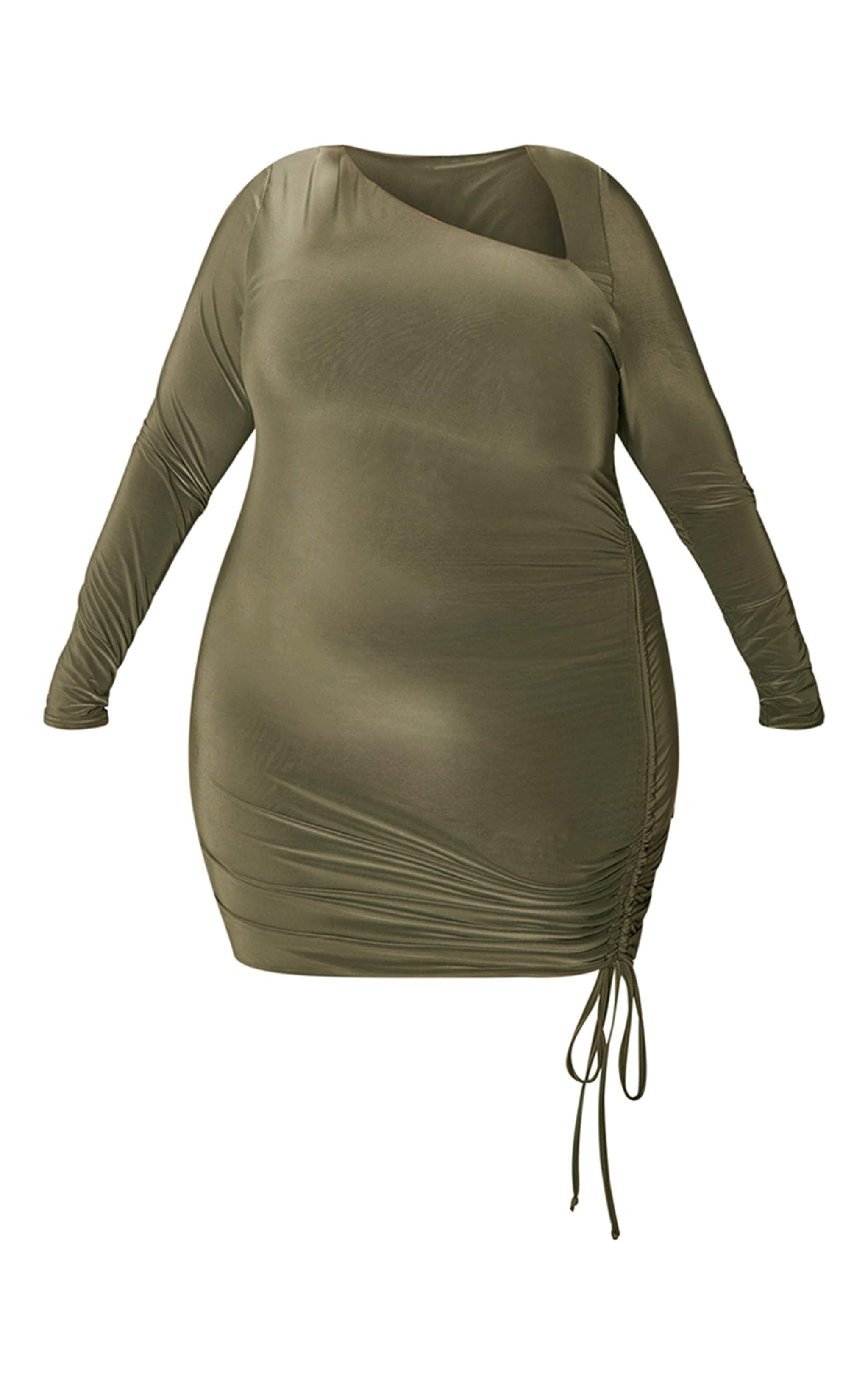 Plus Khaki Soft Touch Ruched Side Detail Mini Dress Product Image