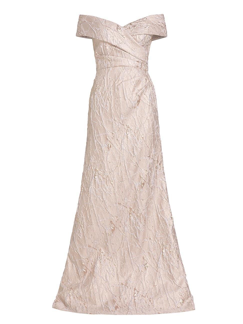 Womens Metallic Jacquard Off-The-Shoulder Gown Product Image