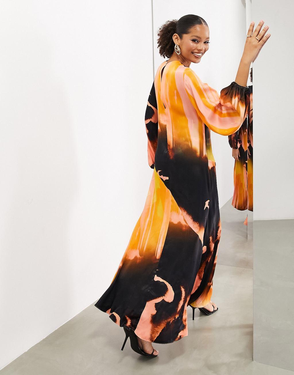 ASOS EDITION satin long sleeve maxi dress with split in abstract paint print Product Image