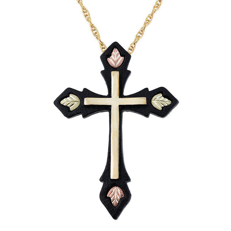 Black Hills Gold Tri-Tone Black Powder Coat Cross Pendant Necklace, Womens 10k Gold Product Image