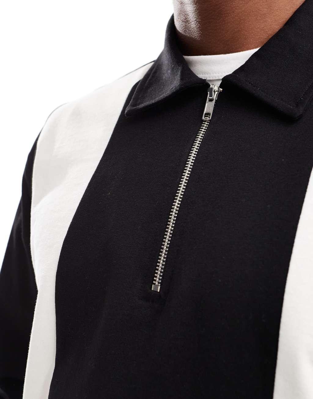 ASOS DESIGN relaxed boxy heavyweight color block long sleeve polo in black Product Image