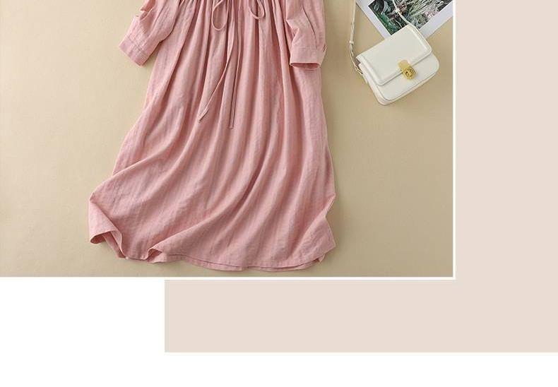 Long-Sleeve Henley Plain Drawstring Midi Smock Dress Product Image