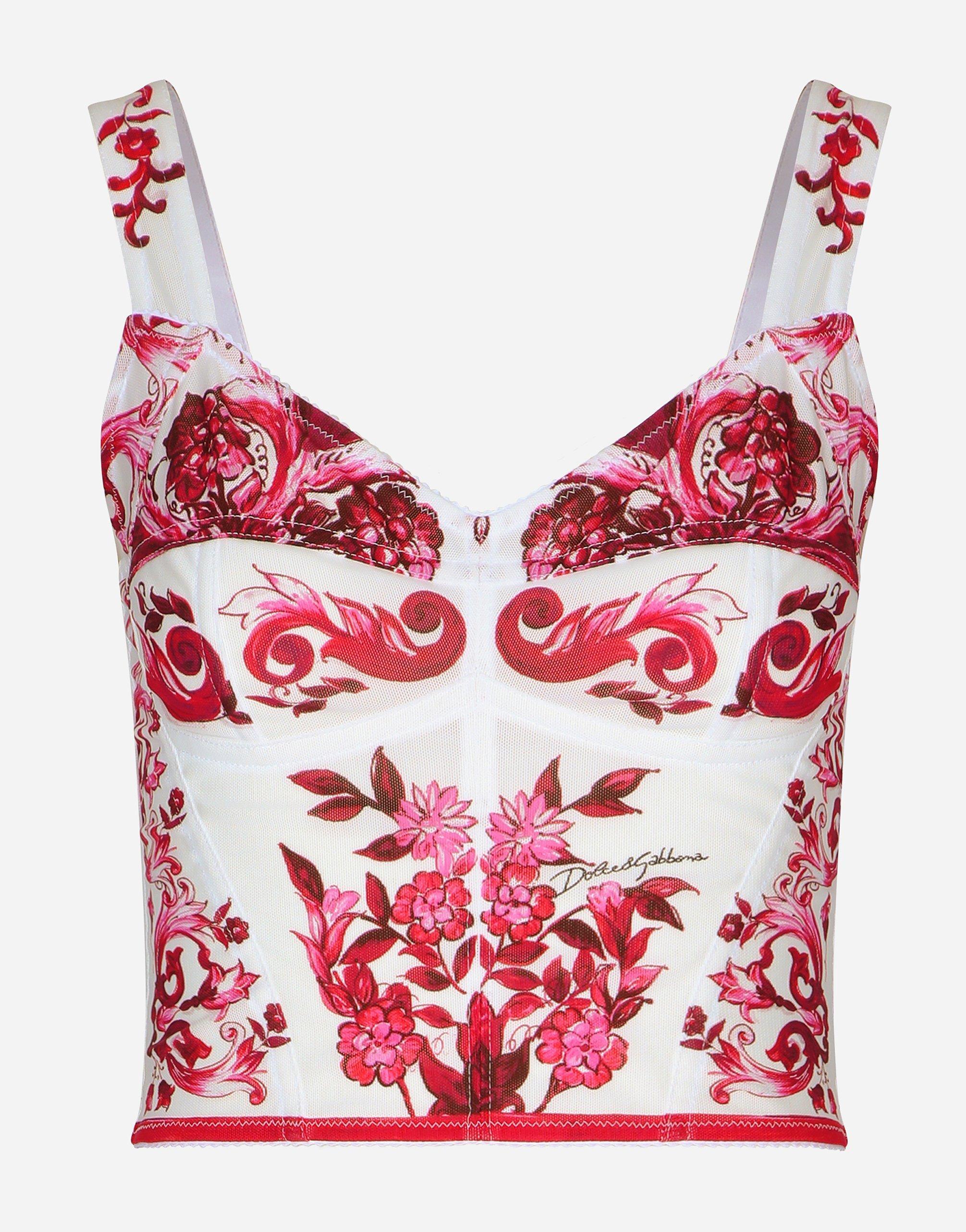 DOLCE & GABBANA Majolica-print Crop Marquisette Bustier Top In Multicolor Product Image