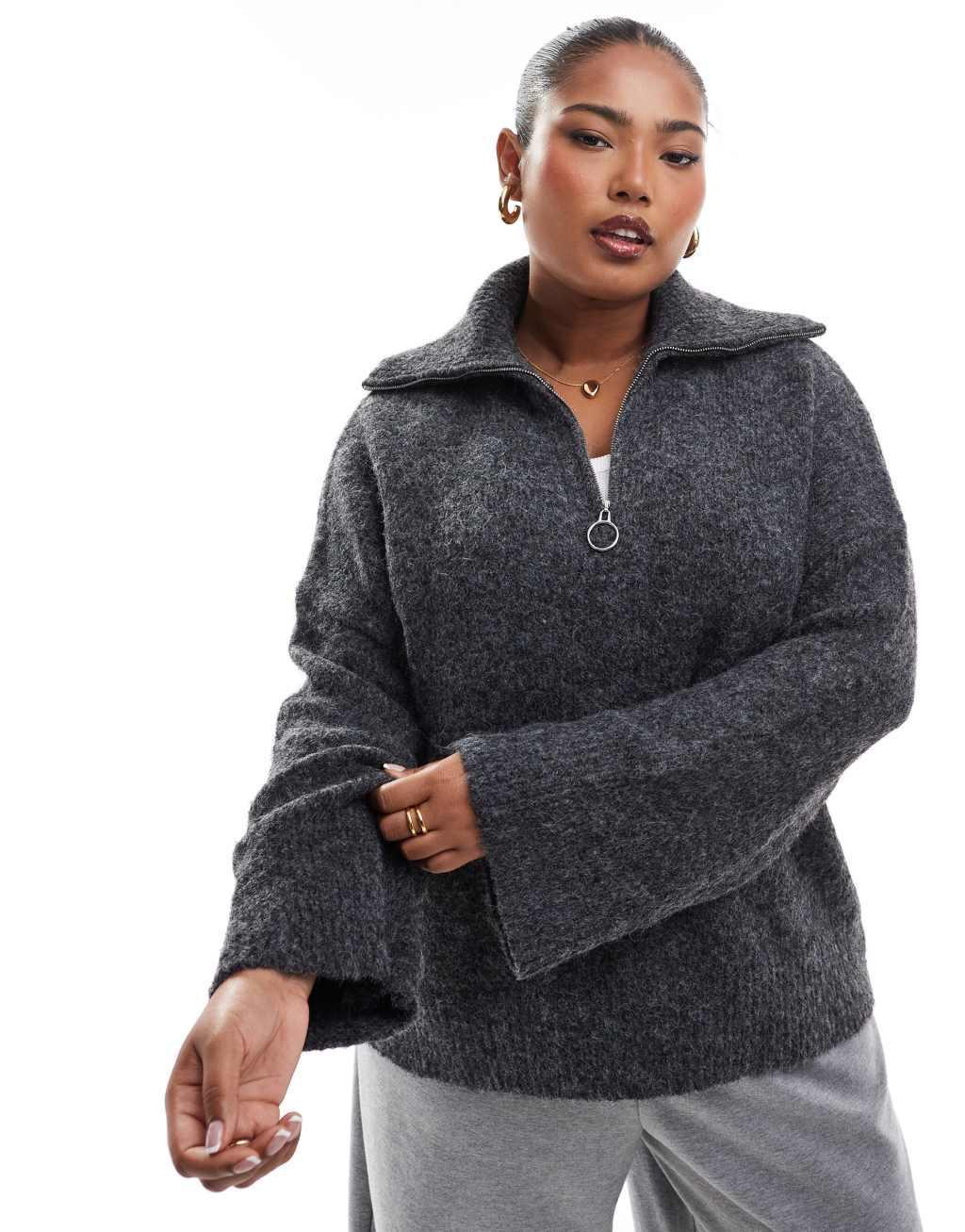 ASOS DESIGN Curve zip neck sweater in fluffy yarn in charcoal Product Image