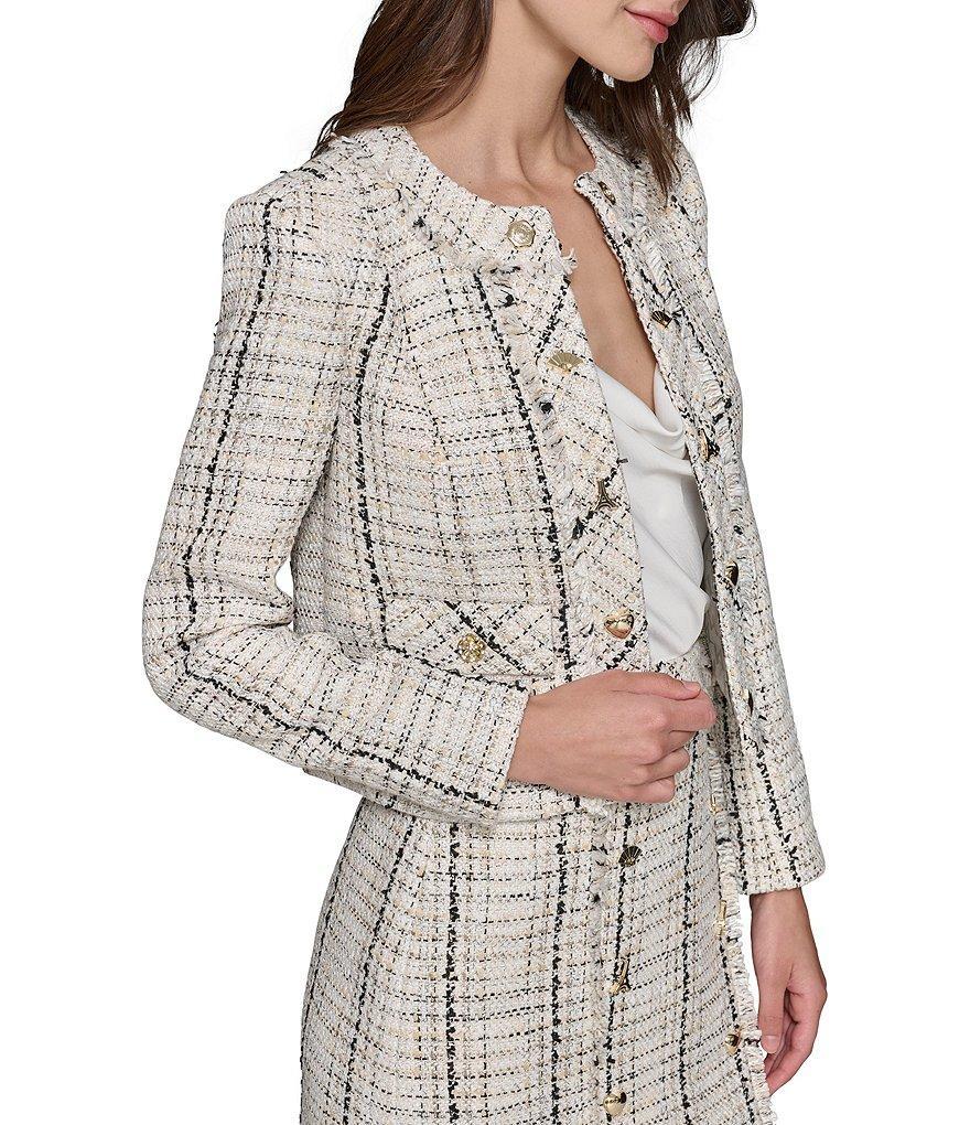 KARL LAGERFELD PARIS Tweed Round Neck Long Sleeve Motif Button Front Jacket Product Image