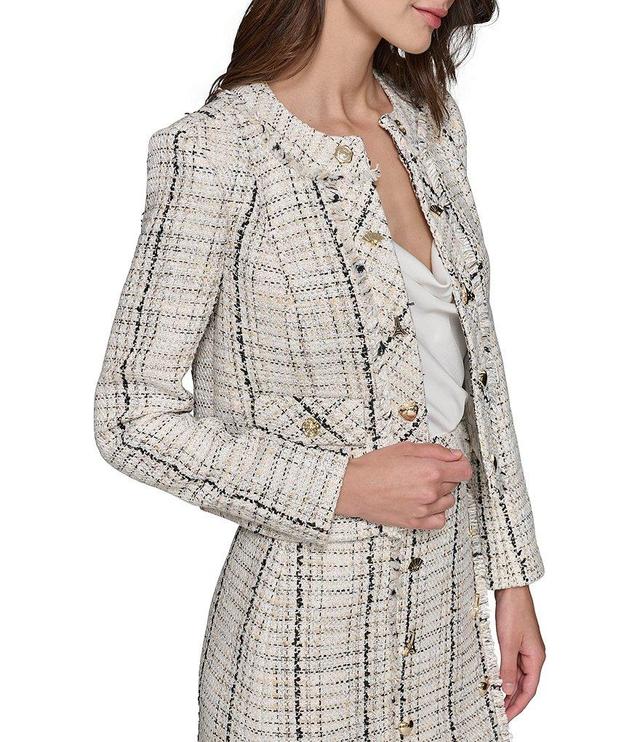 KARL LAGERFELD PARIS Tweed Round Neck Long Sleeve Motif Button Front Jacket Product Image