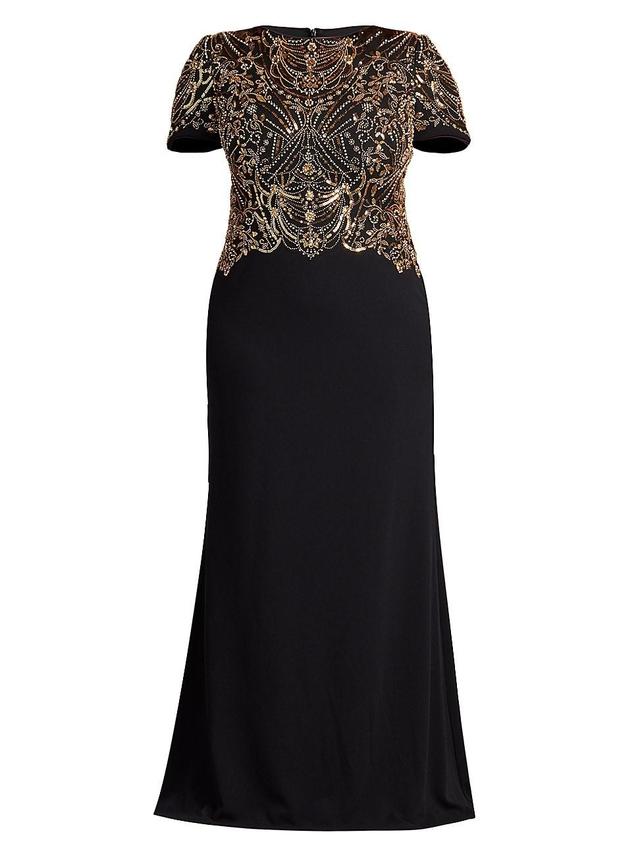 Tadashi Shoji Plus Short Sleeve Beaded Crepe Gown Product Image