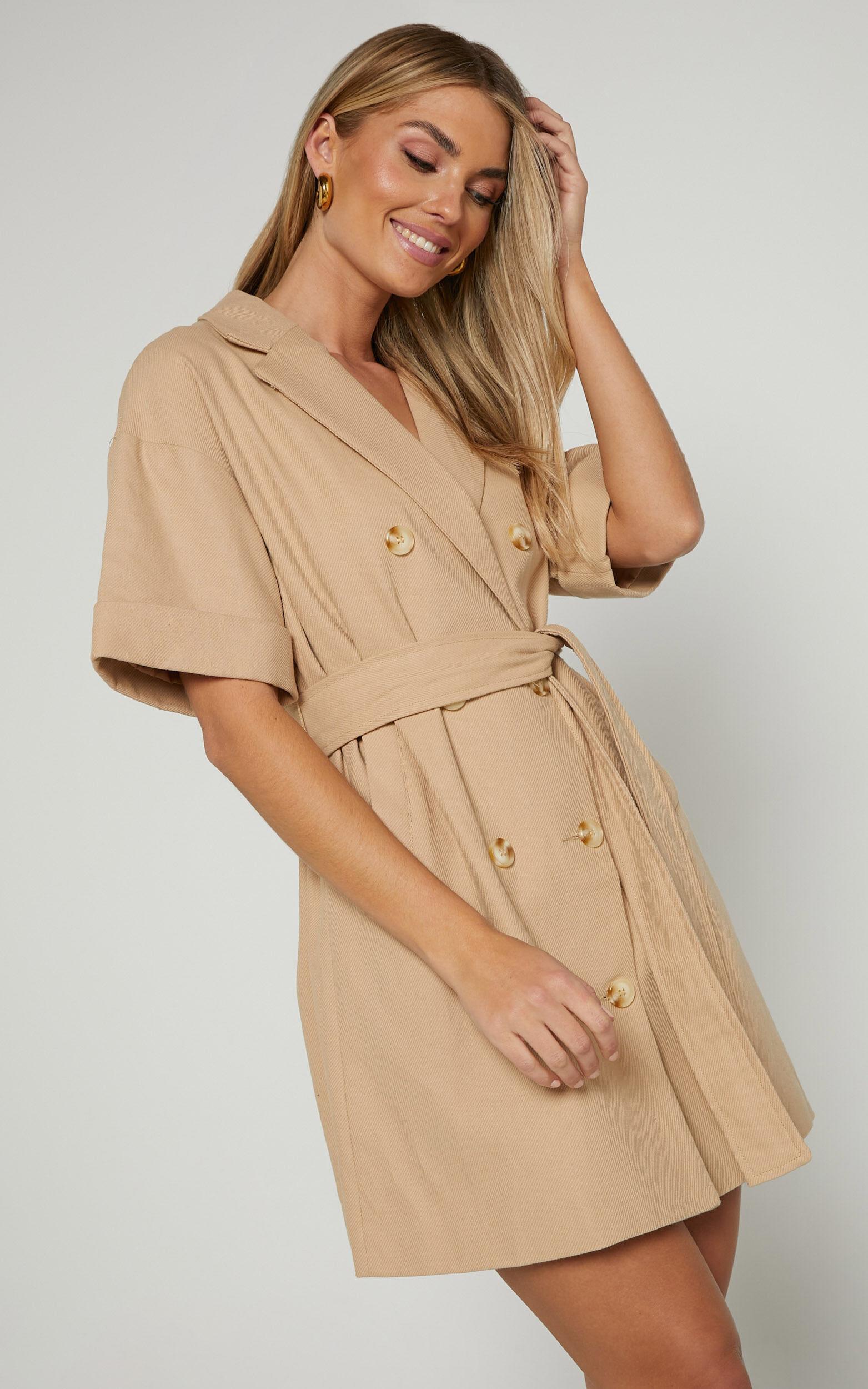 Cyrus Mini Dress - Waist Wrap Short Sleeve Blazer Mini Dress in Stone Product Image