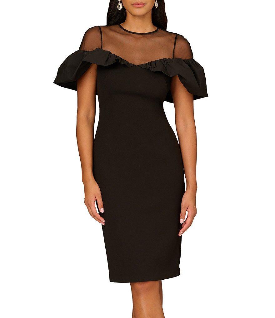 Aidan Mattox Bonded Crepe Illusion Mesh Off-the-Shoulder Flutter Sleeve Dress Product Image