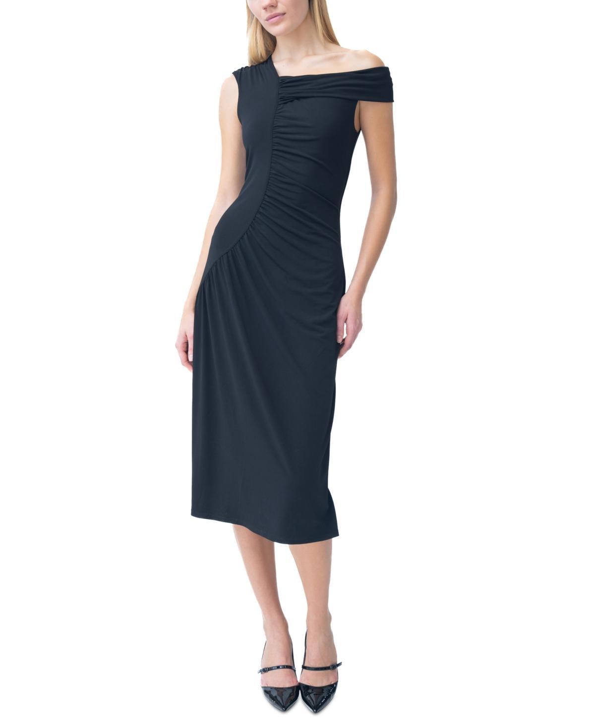 Adrienne Landau Womens Asymmetric-Neck Shirred Midi Dress Product Image