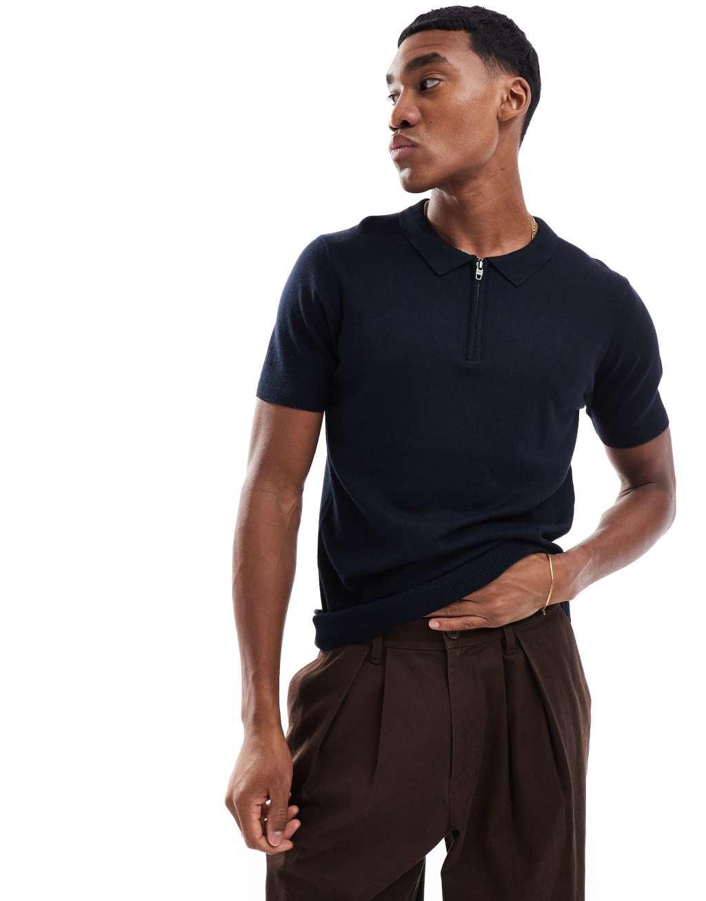 French Connection knit half zip polo tee in navy Product Image