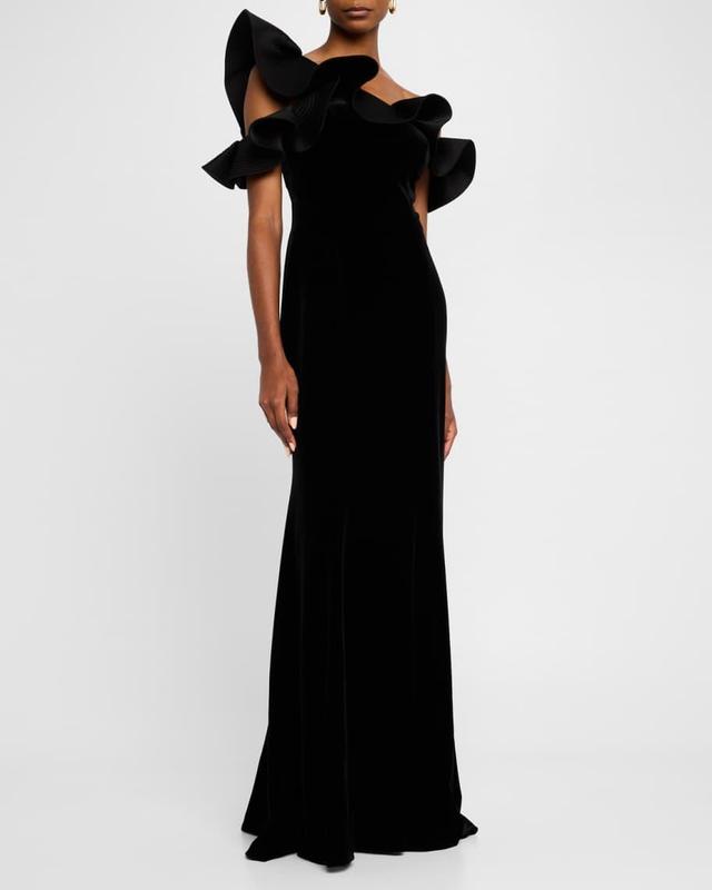 One-Shoulder Ruffle Stretch Velvet Gown Product Image