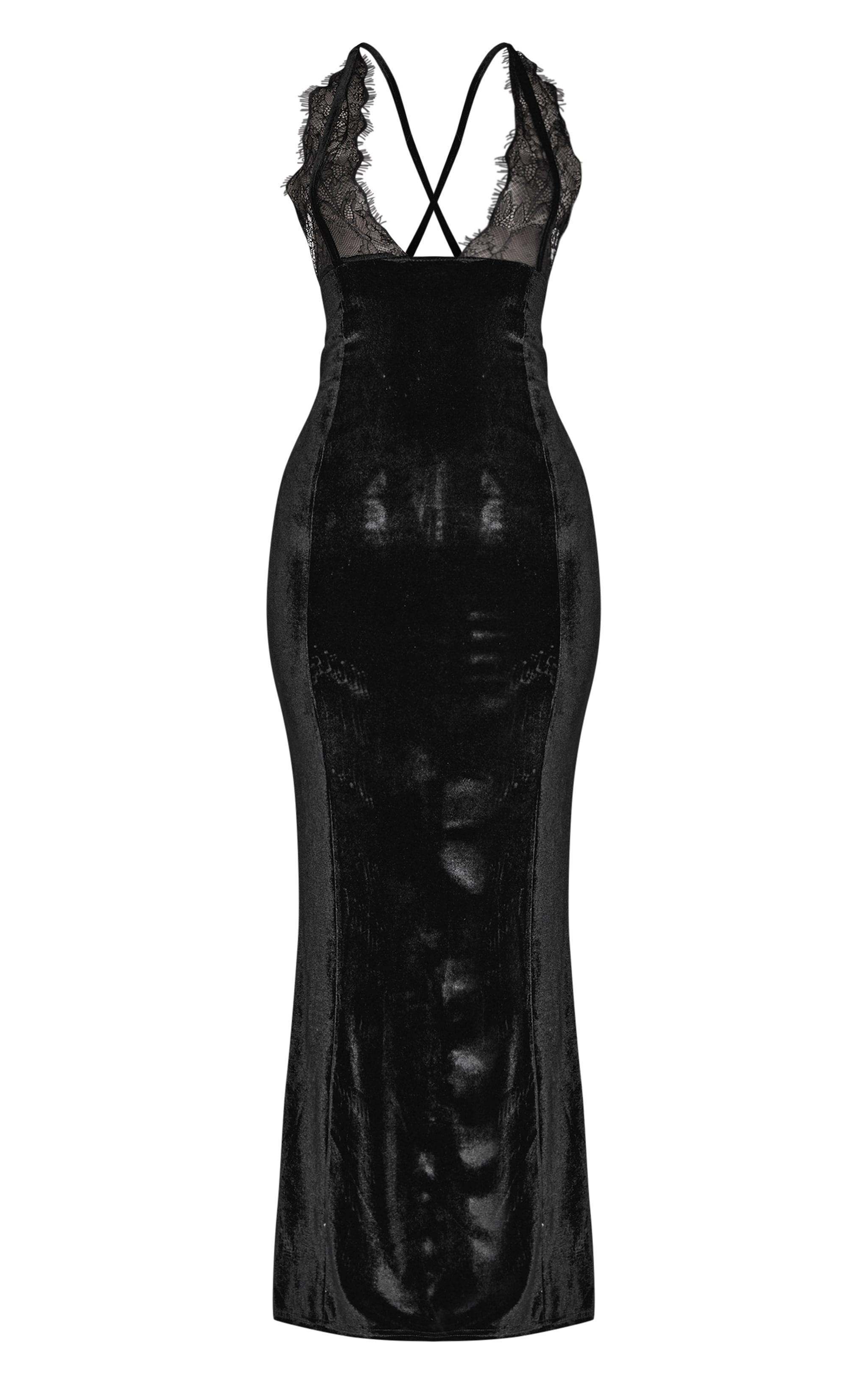 Petite Black Velvet Lace Detail Maxi Dress Product Image