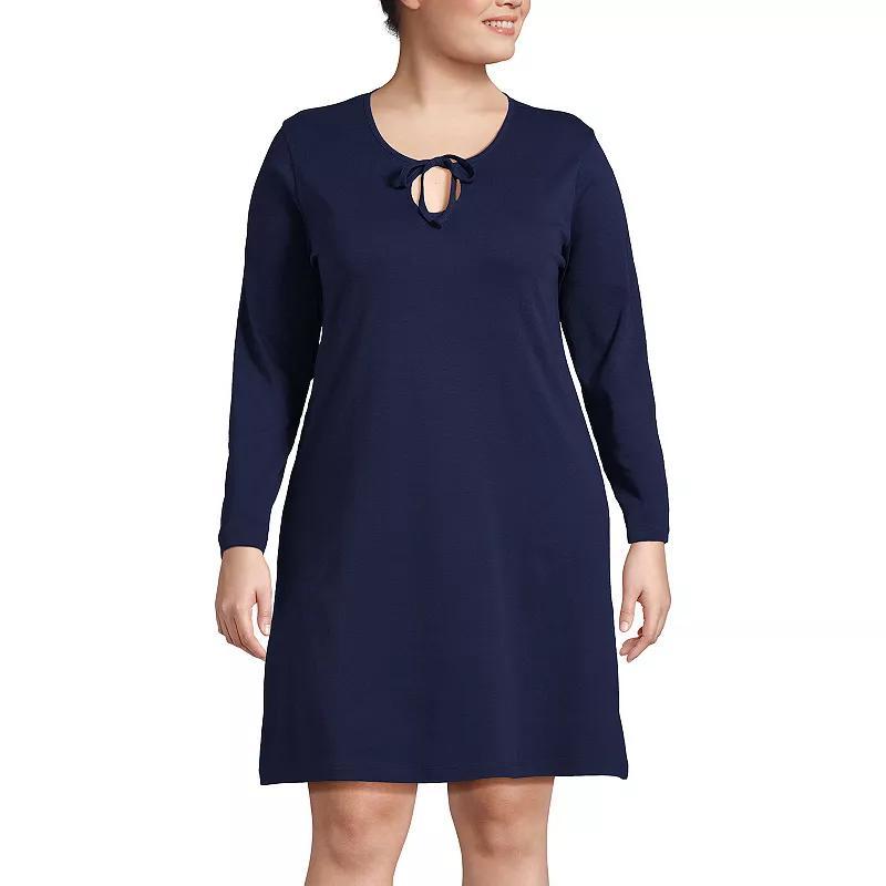 Plus Size Lands End Cotton Long Sleeve Nightgown, Womens Deep Blue Product Image