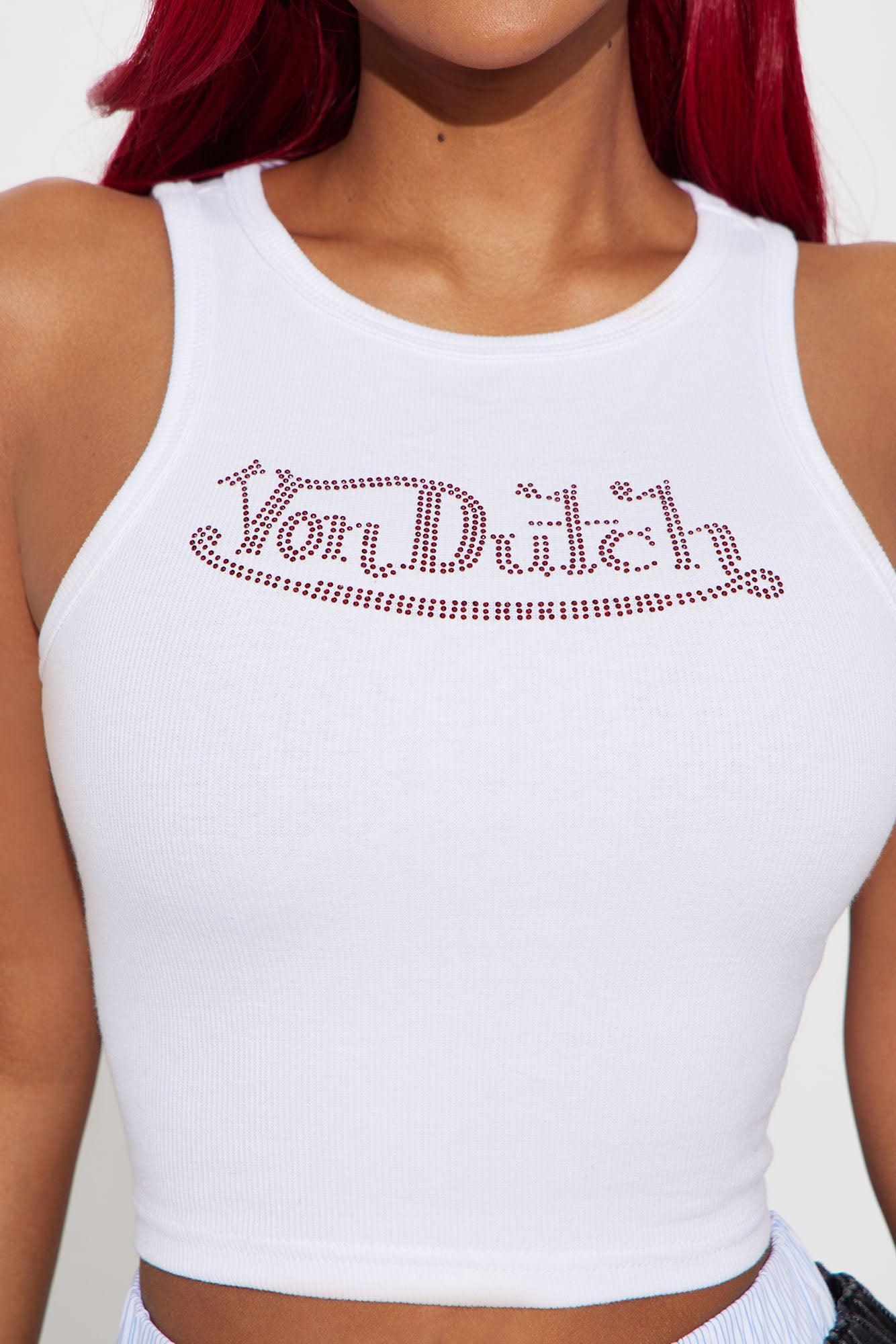 Von Dutch Rhinestone Cropped Tank Top - Red/White Product Image