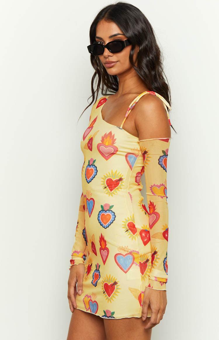 Wild At Heart Yellow Printed Mesh Long Sleeve Mini Dress Product Image