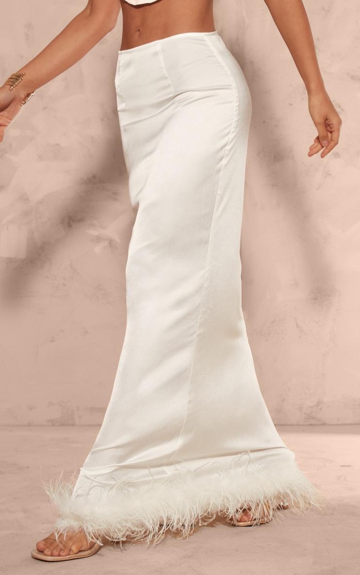 White Feather Trim Satin Maxi Skirt Product Image