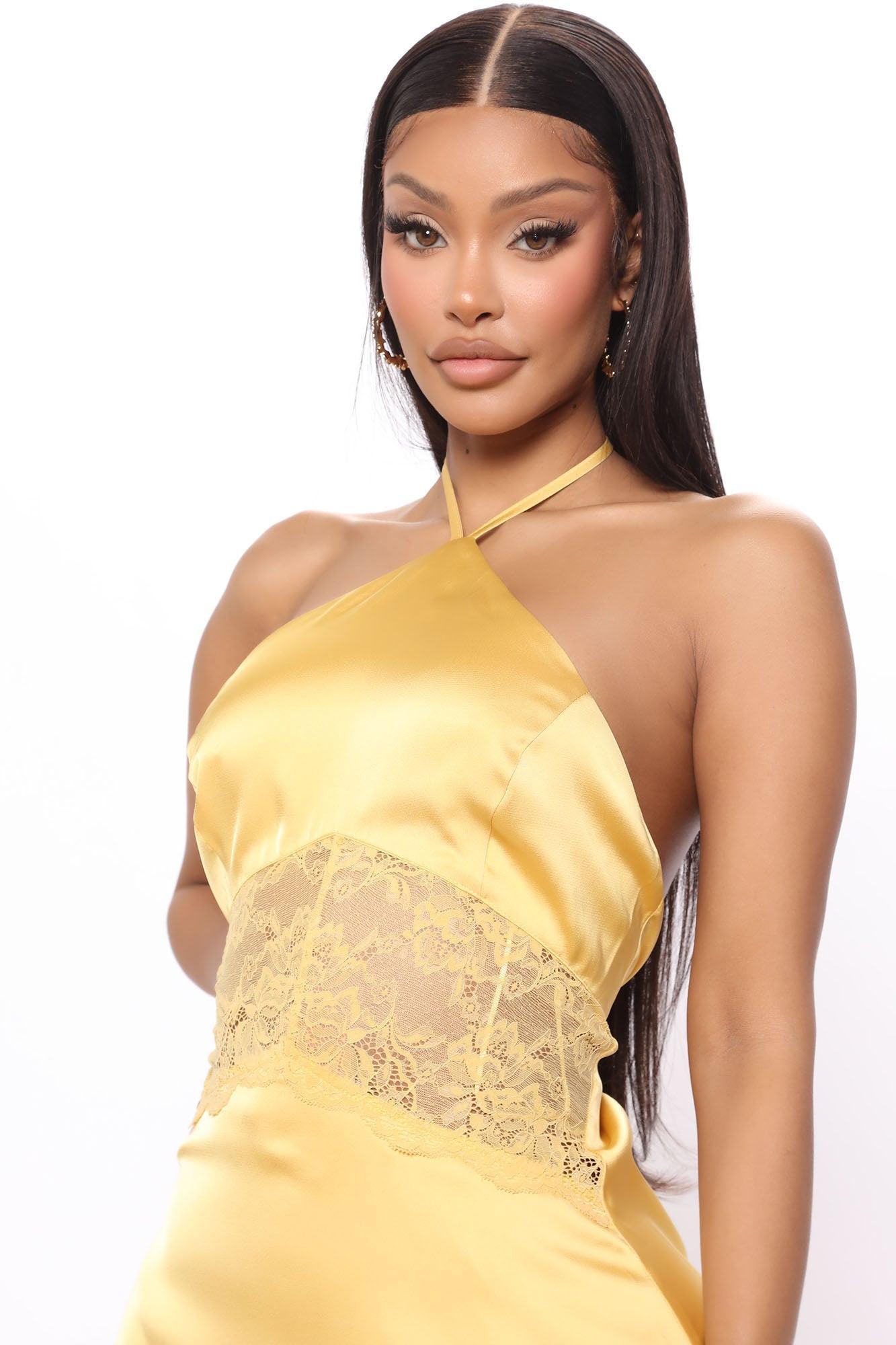 Flirty And Sweet Satin Mini Dress - Yellow Product Image