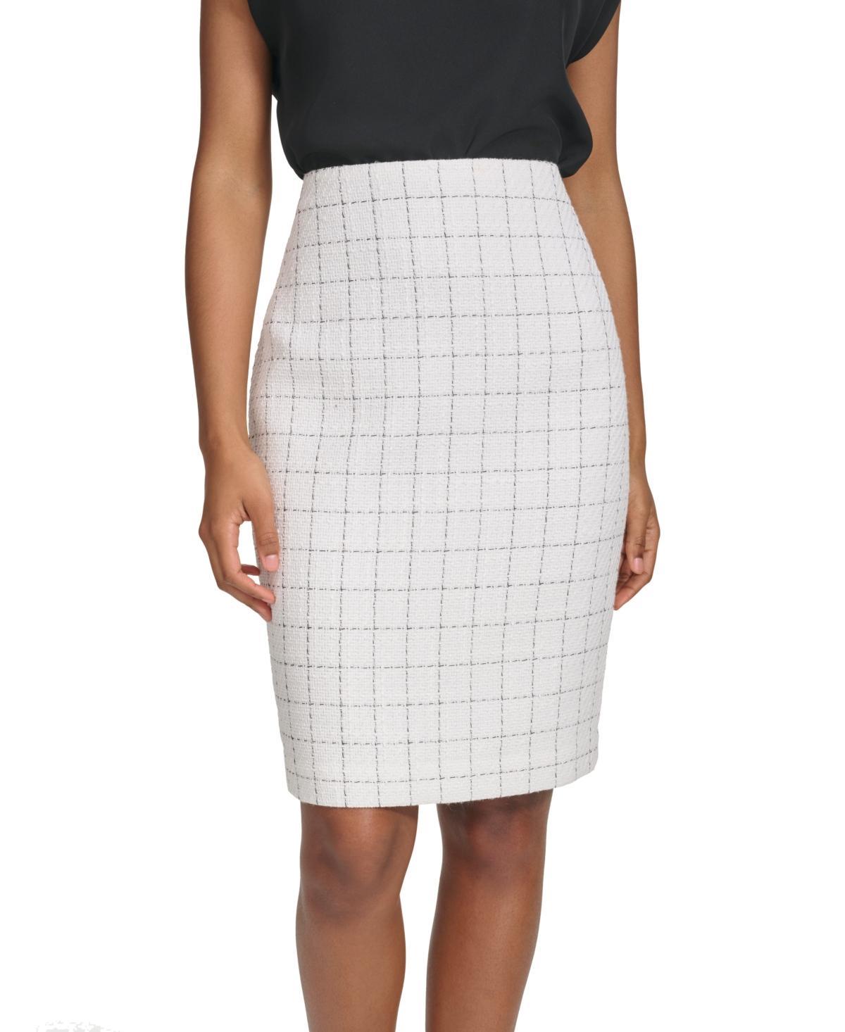 Calvin Klein Womens Windowpane-Print Tweed Pencil Skirt - Cream product image