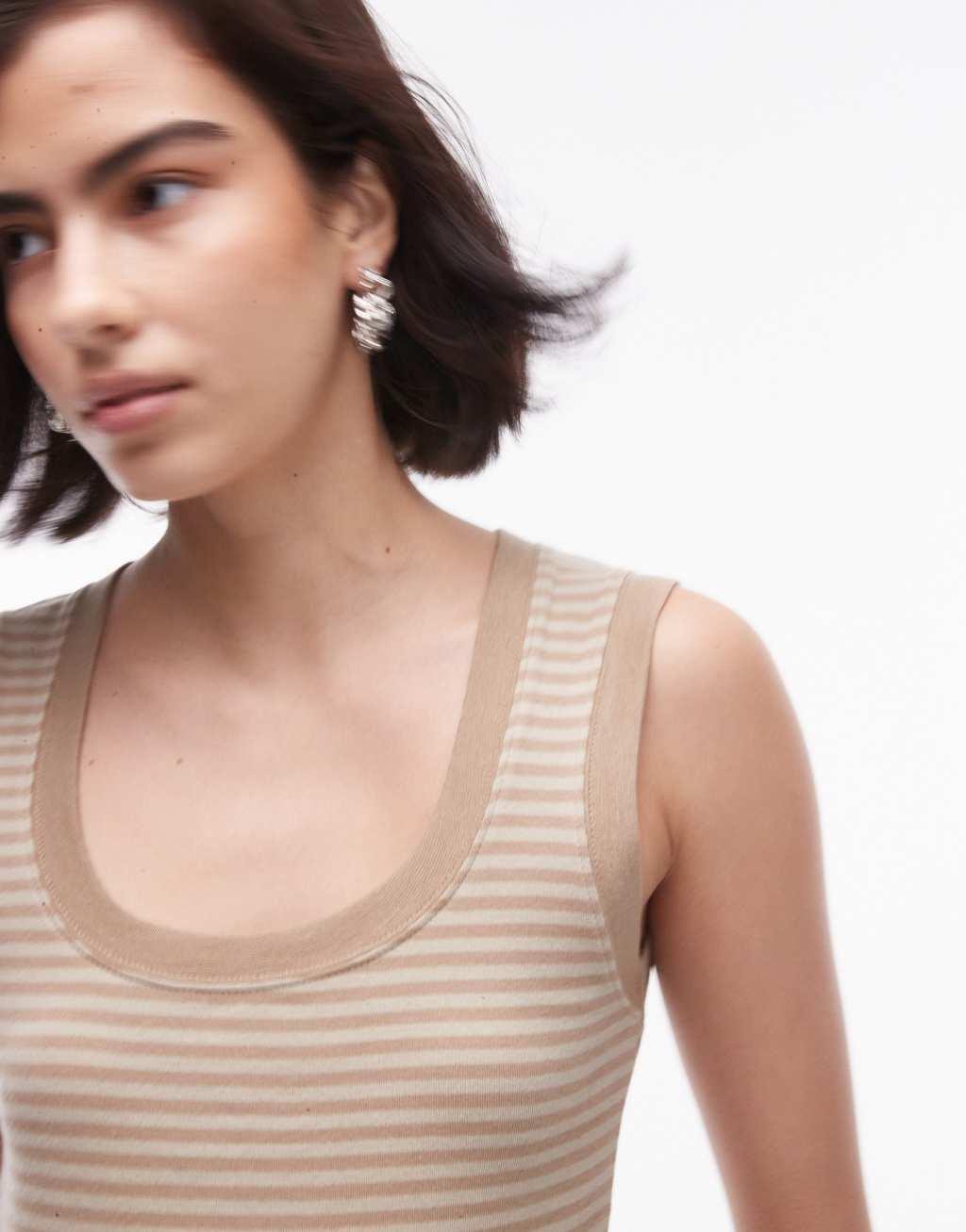 Topshop striped scoop neck tank top in stone Product Image