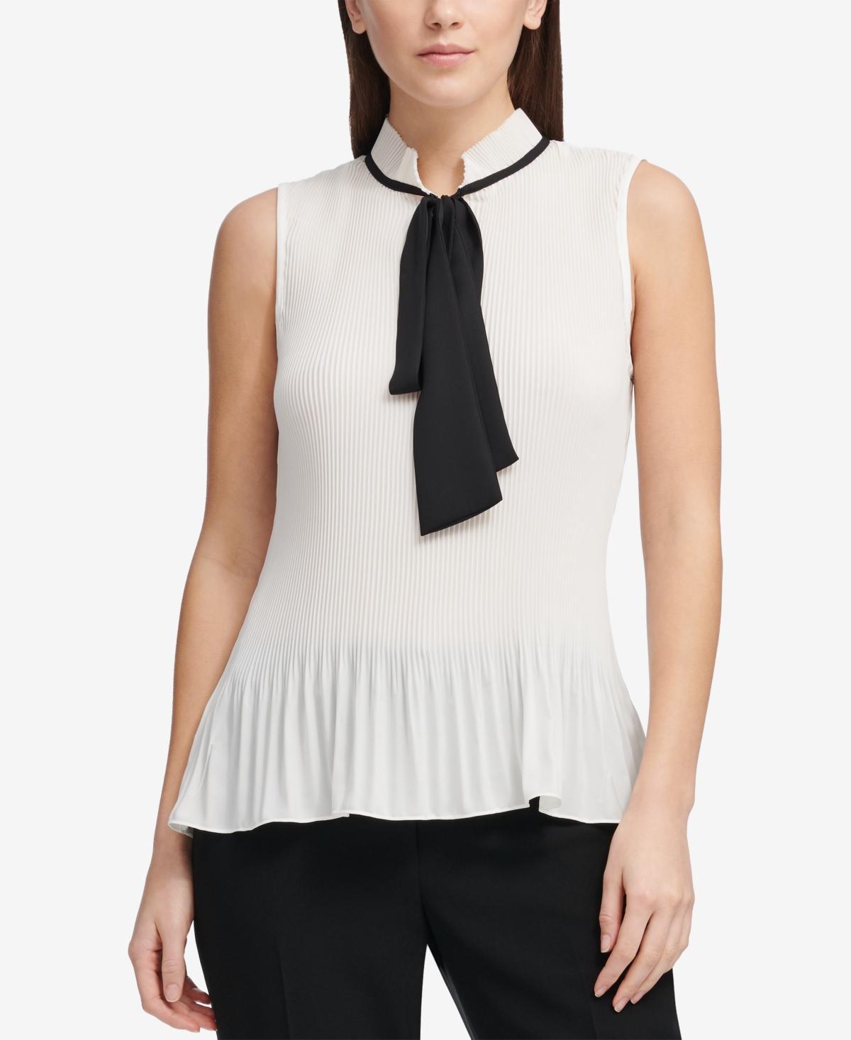 DKNY Womens Pleated Tie Front Blouse - White Black Product Image