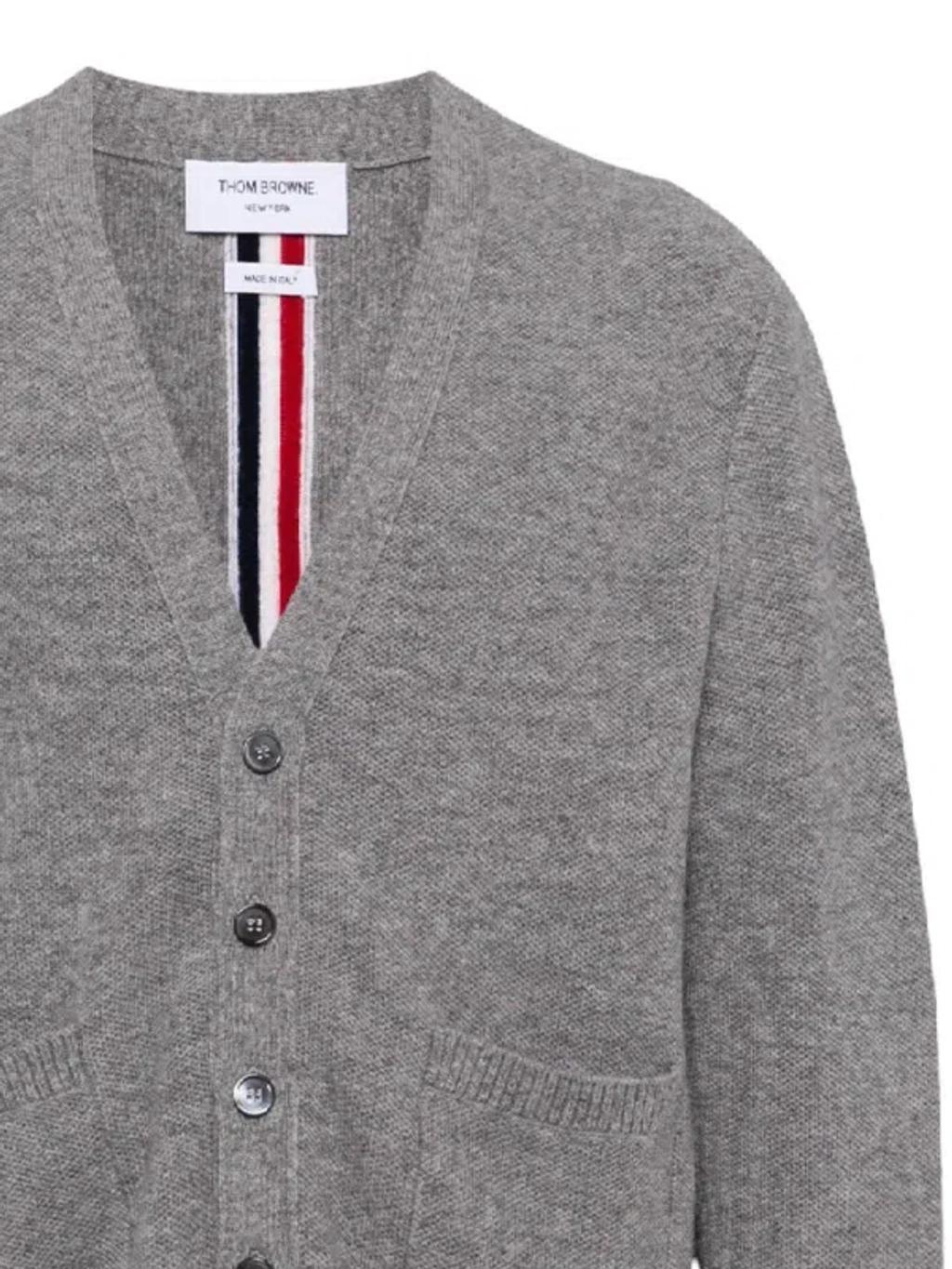 THOM BROWNE Stripe-trim Virgin-wool Cardigan In Grey Product Image